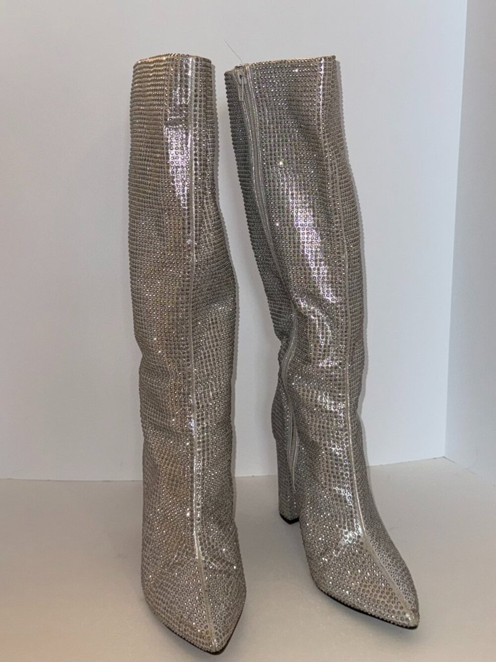 Mix No. 6 Silver Rhinestone Knee High Block Heel Boots Womens 9